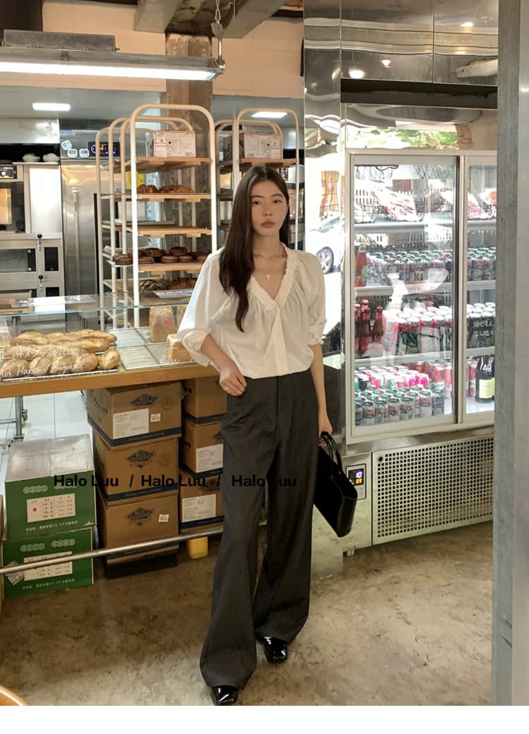 두꺼운 모래 워시 사선 무늬 원단 빛 요리 한 바람 주름 v 칼라 프릴 거품 소매 다용도 여성 흰 셔츠 상세 이미지 7