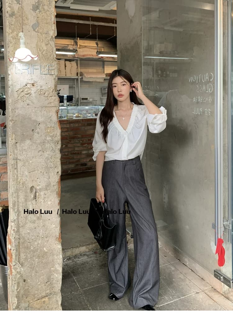 두꺼운 모래 워시 사선 무늬 원단 빛 요리 한 바람 주름 v 칼라 프릴 거품 소매 다용도 여성 흰 셔츠 상세 이미지 8