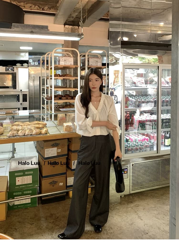 두꺼운 모래 워시 사선 무늬 원단 빛 요리 한 바람 주름 v 칼라 프릴 거품 소매 다용도 여성 흰 셔츠 상세 이미지 15