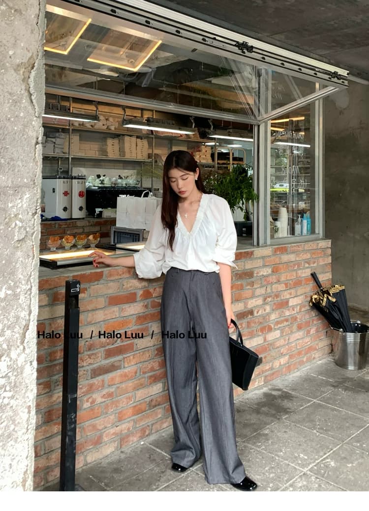 두꺼운 모래 워시 사선 무늬 원단 빛 요리 한 바람 주름 v 칼라 프릴 거품 소매 다용도 여성 흰 셔츠 상세 이미지 17
