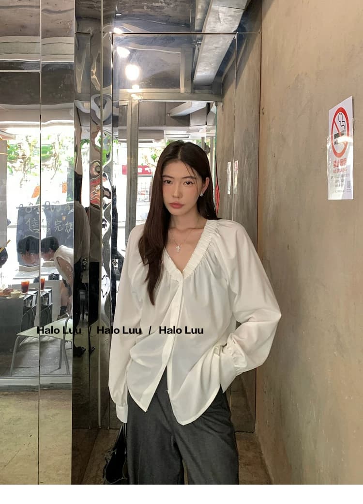 두꺼운 모래 워시 사선 무늬 원단 빛 요리 한 바람 주름 v 칼라 프릴 거품 소매 다용도 여성 흰 셔츠 상세 이미지 19
