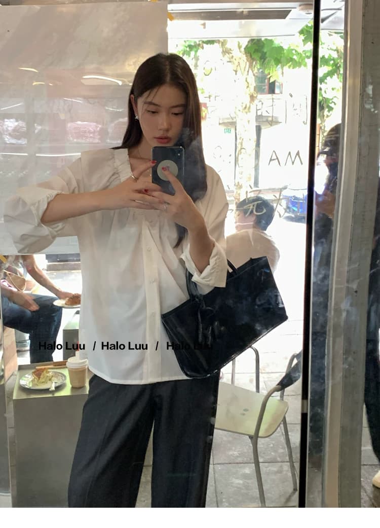 두꺼운 모래 워시 사선 무늬 원단 빛 요리 한 바람 주름 v 칼라 프릴 거품 소매 다용도 여성 흰 셔츠 상세 이미지 20