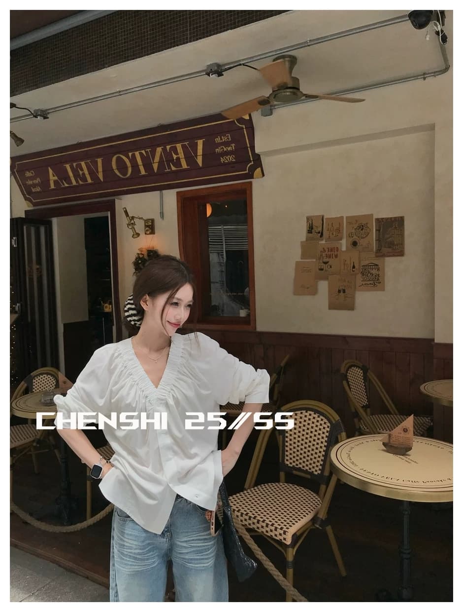 두꺼운 모래 워시 사선 무늬 원단 출퇴근 다용도 주름 v 칼라 프릴 거품 소매 싱글 줄 버튼 여성 셔츠 상세 이미지 5