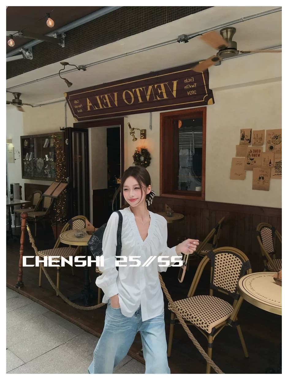 두꺼운 모래 워시 사선 무늬 원단 출퇴근 다용도 주름 v 칼라 프릴 거품 소매 싱글 줄 버튼 여성 셔츠 상세 이미지 6