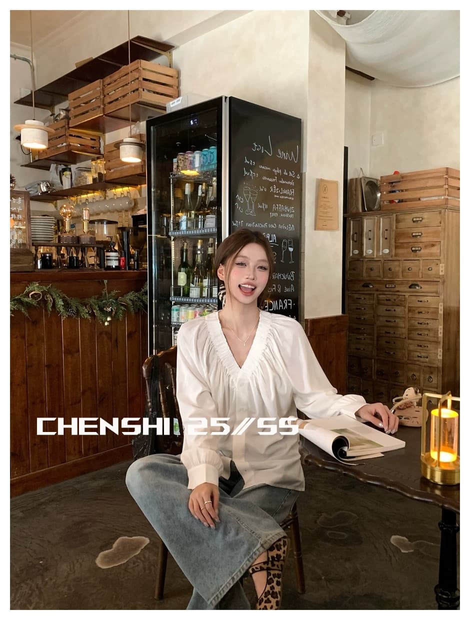 두꺼운 모래 워시 사선 무늬 원단 출퇴근 다용도 주름 v 칼라 프릴 거품 소매 싱글 줄 버튼 여성 셔츠 상세 이미지 15
