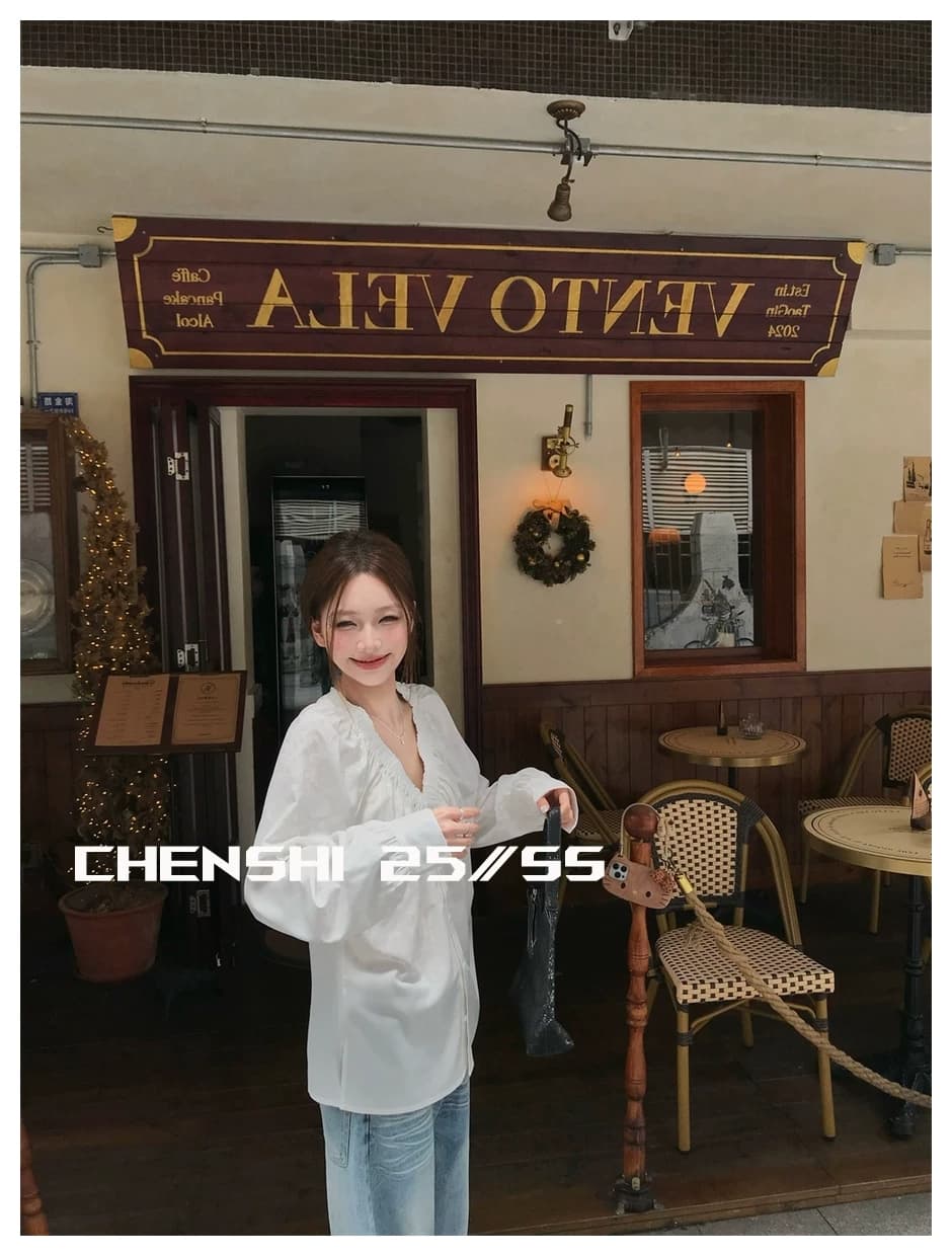 두꺼운 모래 워시 사선 무늬 원단 출퇴근 다용도 주름 v 칼라 프릴 거품 소매 싱글 줄 버튼 여성 셔츠 상세 이미지 16