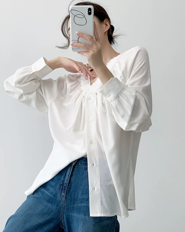 두꺼운 모래 워시 사선 무늬 원단 부드러운 품격 프릴 v 칼라 거품 소매 단색 싱글 줄 버튼 여성 셔츠 상세 이미지 23