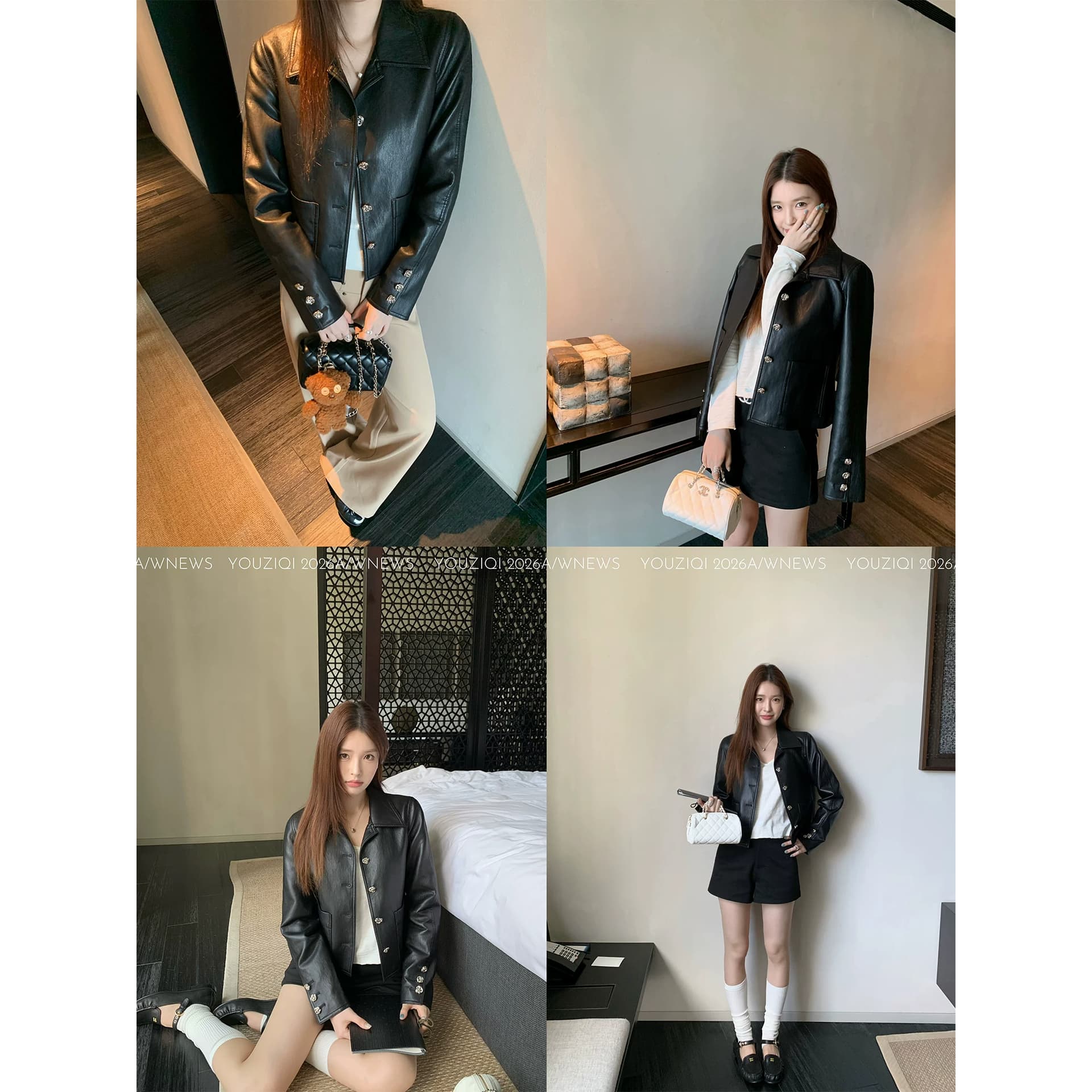 바보 빛 PU 가죽 원단 네리 니스 자르기 폴로 칼라 다이아몬드 세팅 꽃 버클 검정색 쇼트 스타일 가죽 재킷 재킷 여성 이미지 5