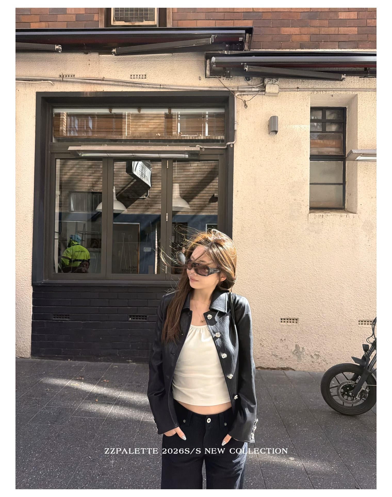 바보 빛 PU 가죽 원단 네리 달콤한 차가운 바람 꽃 훈련 버클 폴로 칼라 검정색 쇼트 스타일 가죽 재킷 출퇴근 여성 재킷 상세 이미지 8