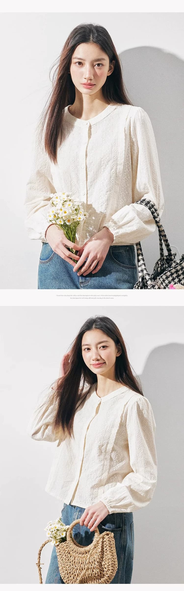 순면 자수 원단 꽃잎 단추 부드러운 살구 색상 라운드 넥 자카드 쇼트 스타일 거품 소매 긴팔 셔츠 여성 상세 이미지 3
