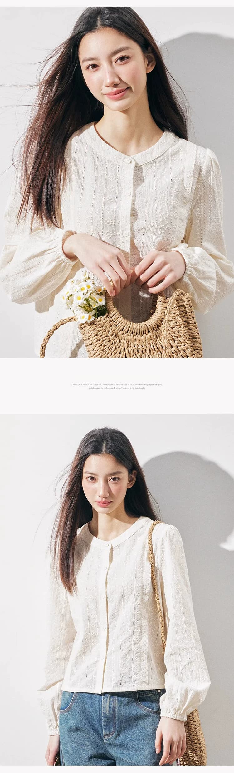 순면 자수 원단 꽃잎 단추 부드러운 살구 색상 라운드 넥 자카드 쇼트 스타일 거품 소매 긴팔 셔츠 여성 상세 이미지 4