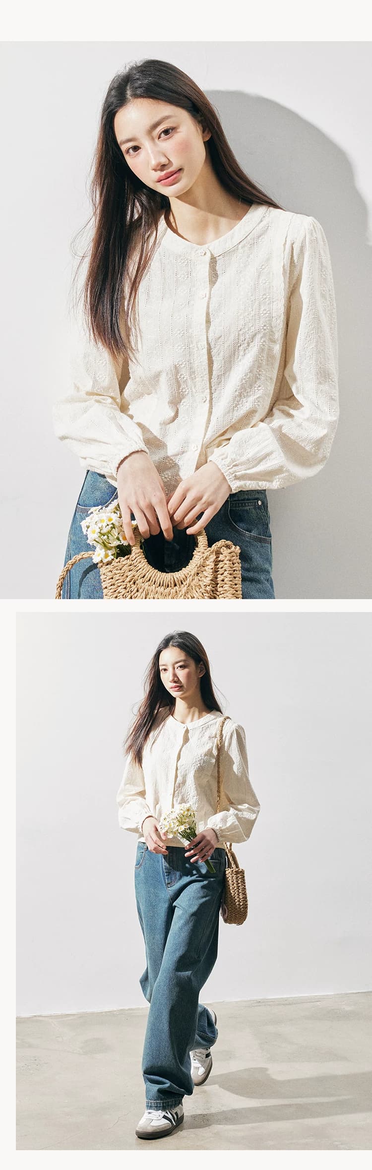 순면 자수 원단 꽃잎 단추 부드러운 살구 색상 라운드 넥 자카드 쇼트 스타일 거품 소매 긴팔 셔츠 여성 상세 이미지 8