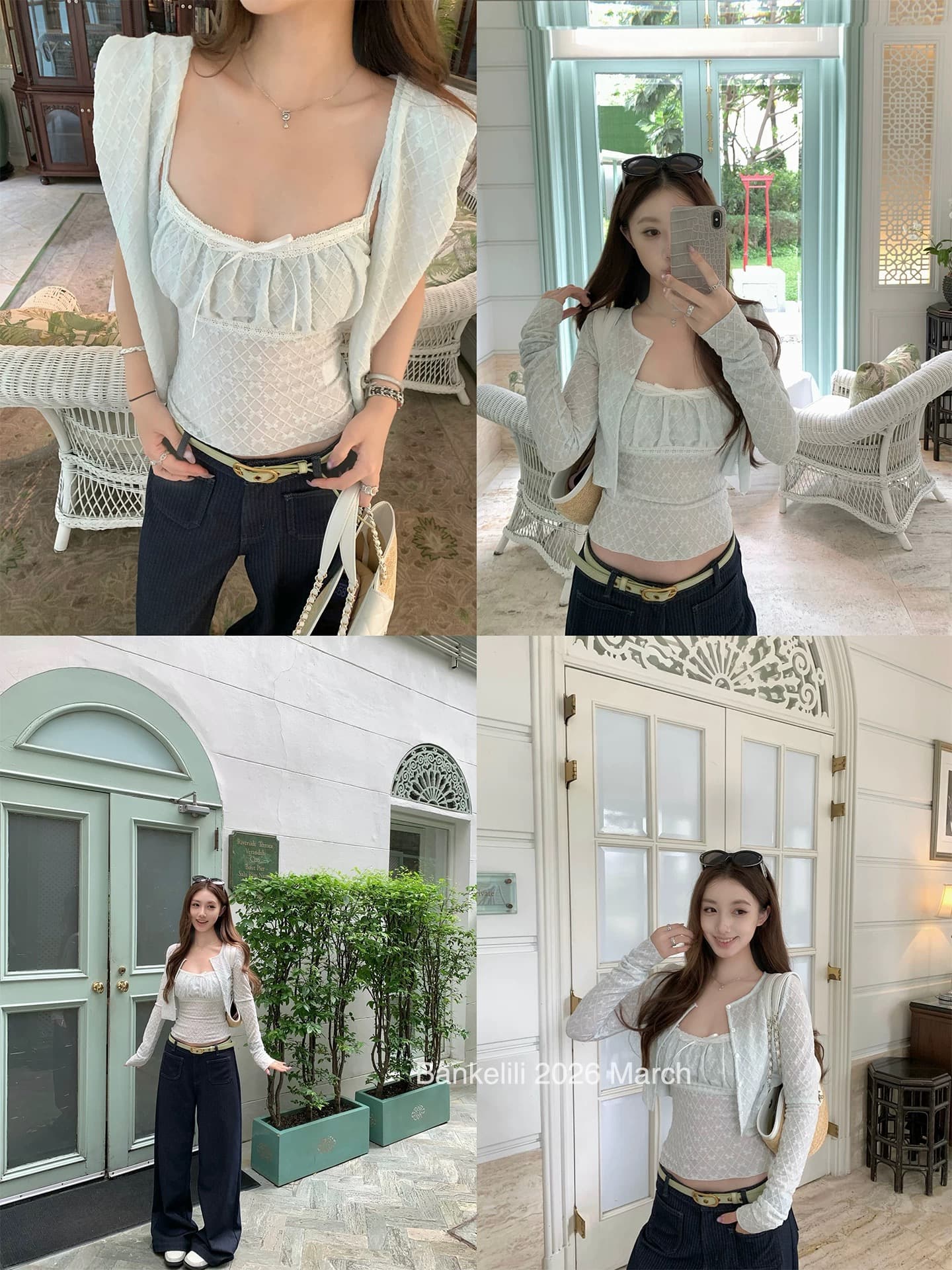 밤나무 코코아 bankelili 레이스 부드러운 꿈 이른 봄 신축성 레이스 자카드 오픈 가디건 슬립 두 조각 여성 세트 상세 이미지 4