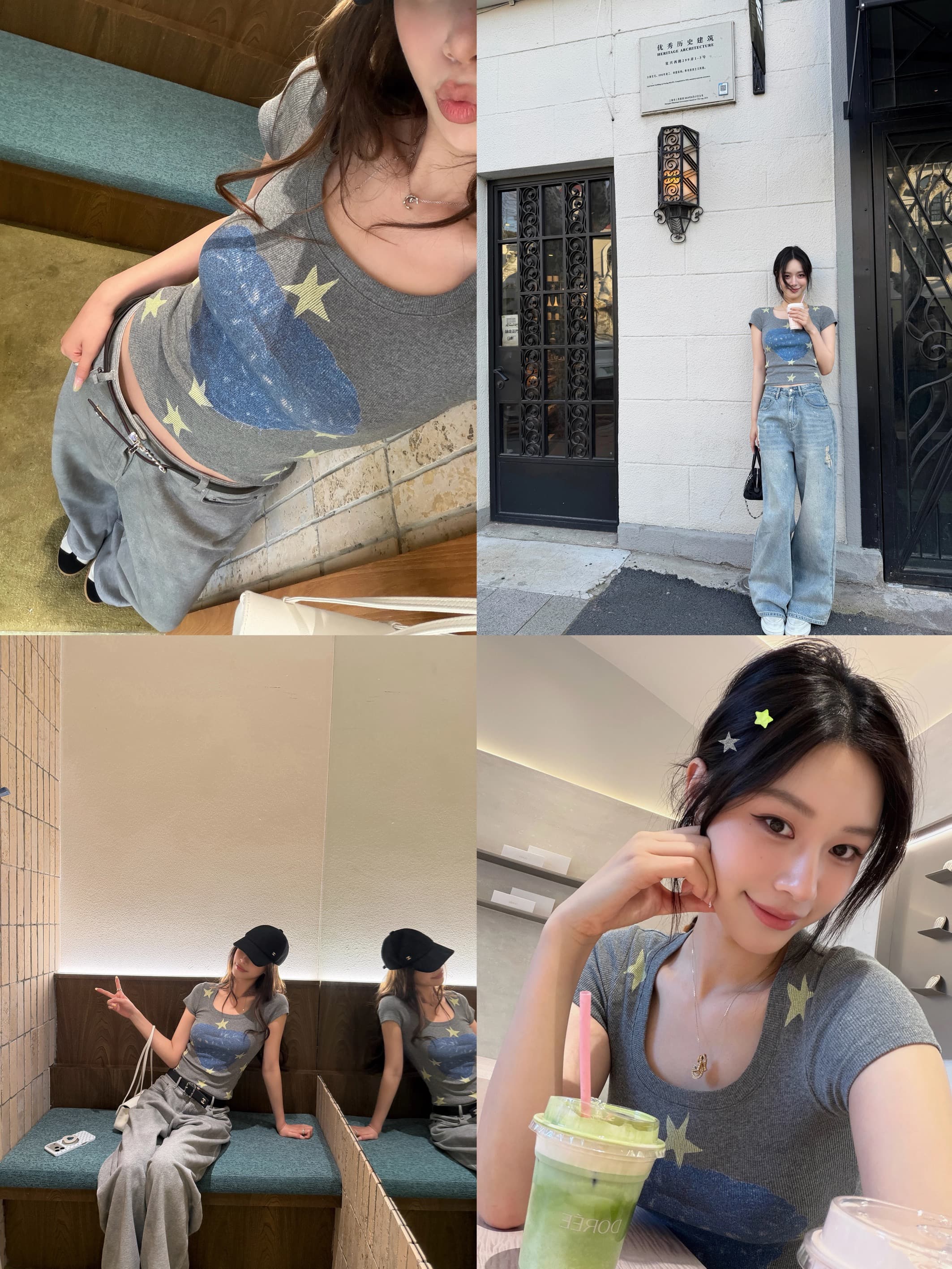 dailydash 별 애플 귀여운 ins 바람 프린트 티셔츠 여름 반팔 맨위 여성 상세 이미지 3