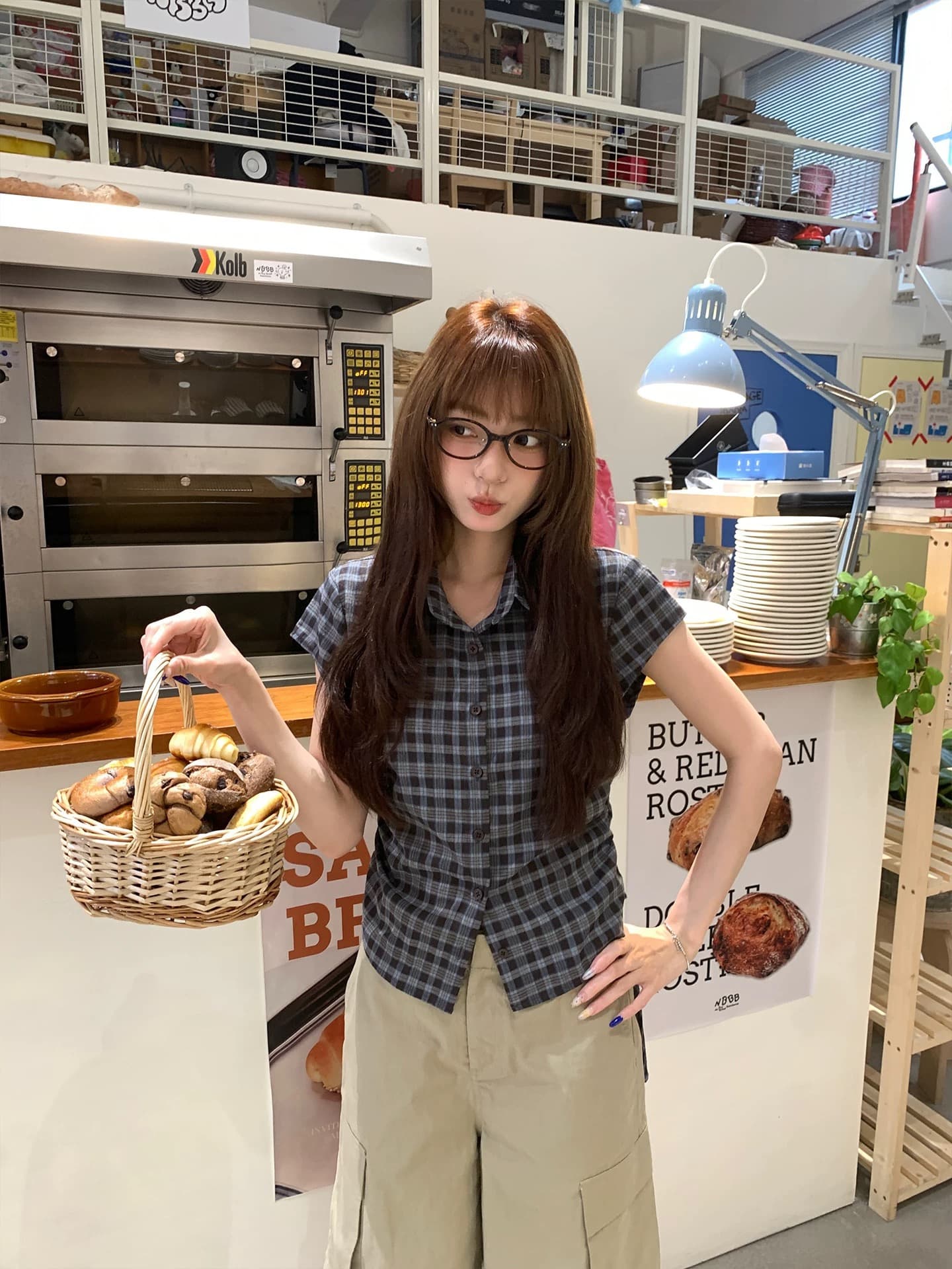 송 긍정적 인 En 파란색 POLO 칼라 반팔 체크무늬 여성 셔츠 여름 새로운 펌프 로프 허리 수축 고유 한 슈퍼 잘 생긴 맨위 이미지 3