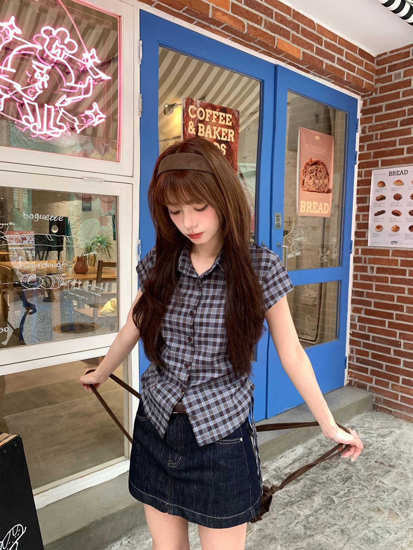 송 긍정적 인 En 파란색 POLO 칼라 반팔 체크무늬 여성 셔츠 여름 새로운 펌프 로프 허리 수축 고유 한 슈퍼 잘 생긴 맨위 상세 이미지 4