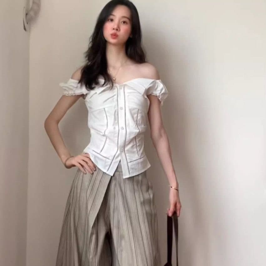 한 부서 몸매 가꾸기 반팔 여성 셔츠 여름 레이스 거품 소매 허리 수축 셔츠 학원 스타일 슬림해 보이는 핫걸 맨위 상세 이미지 1
