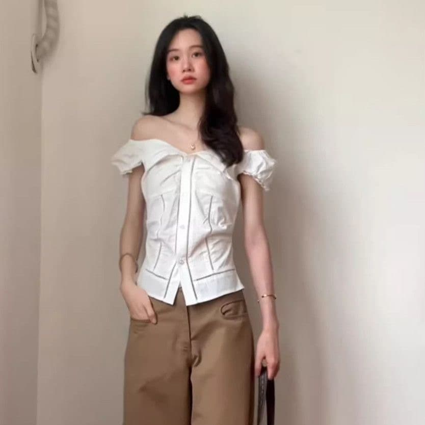 한 부서 몸매 가꾸기 반팔 여성 셔츠 여름 레이스 거품 소매 허리 수축 셔츠 학원 스타일 슬림해 보이는 핫걸 맨위 상세 이미지 2