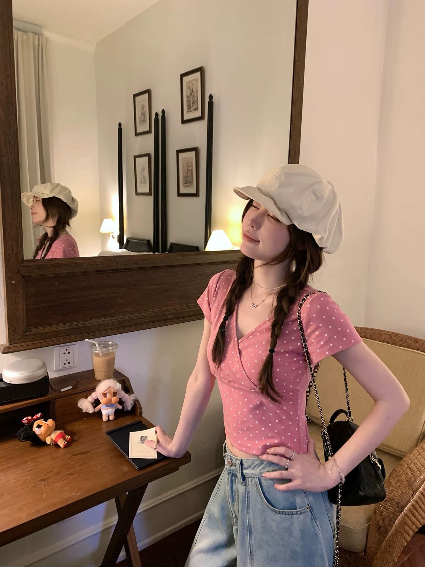 ptonumi 한여름 매화 와인 십자가 빅 브이 넥 도트 무늬 반팔 티셔츠 여성 Z아 어깨 순수한 욕망 맨위 쇼트 스타일 상세 이미지 4