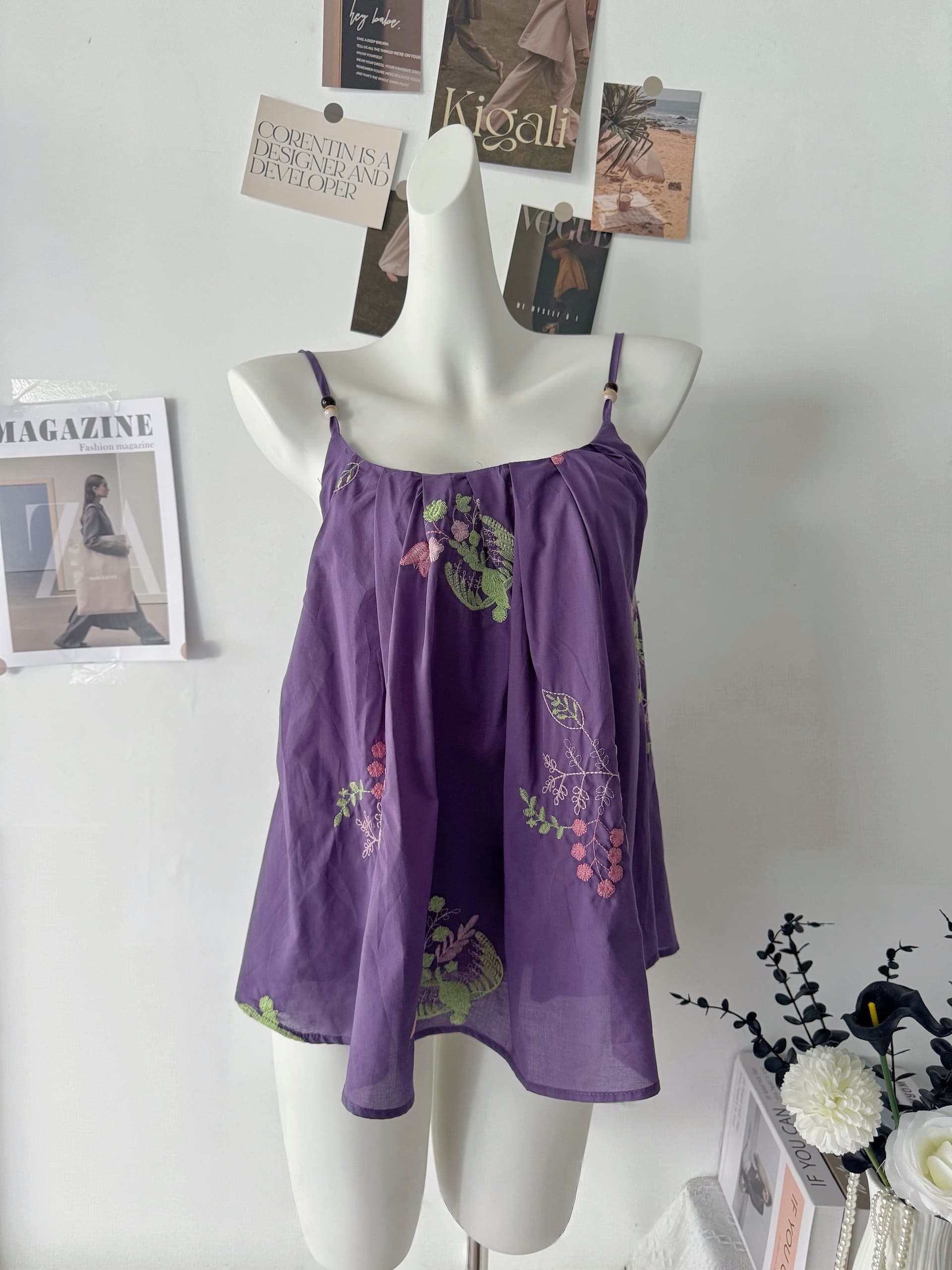 im ~까지 안개 염색 꽃 와일드 100 라미 자수 민소매 슬립 맨위 비즈 핀치 Pleat 한 마디 루즈핏 한 부서 작은 셔츠 상세 이미지 1