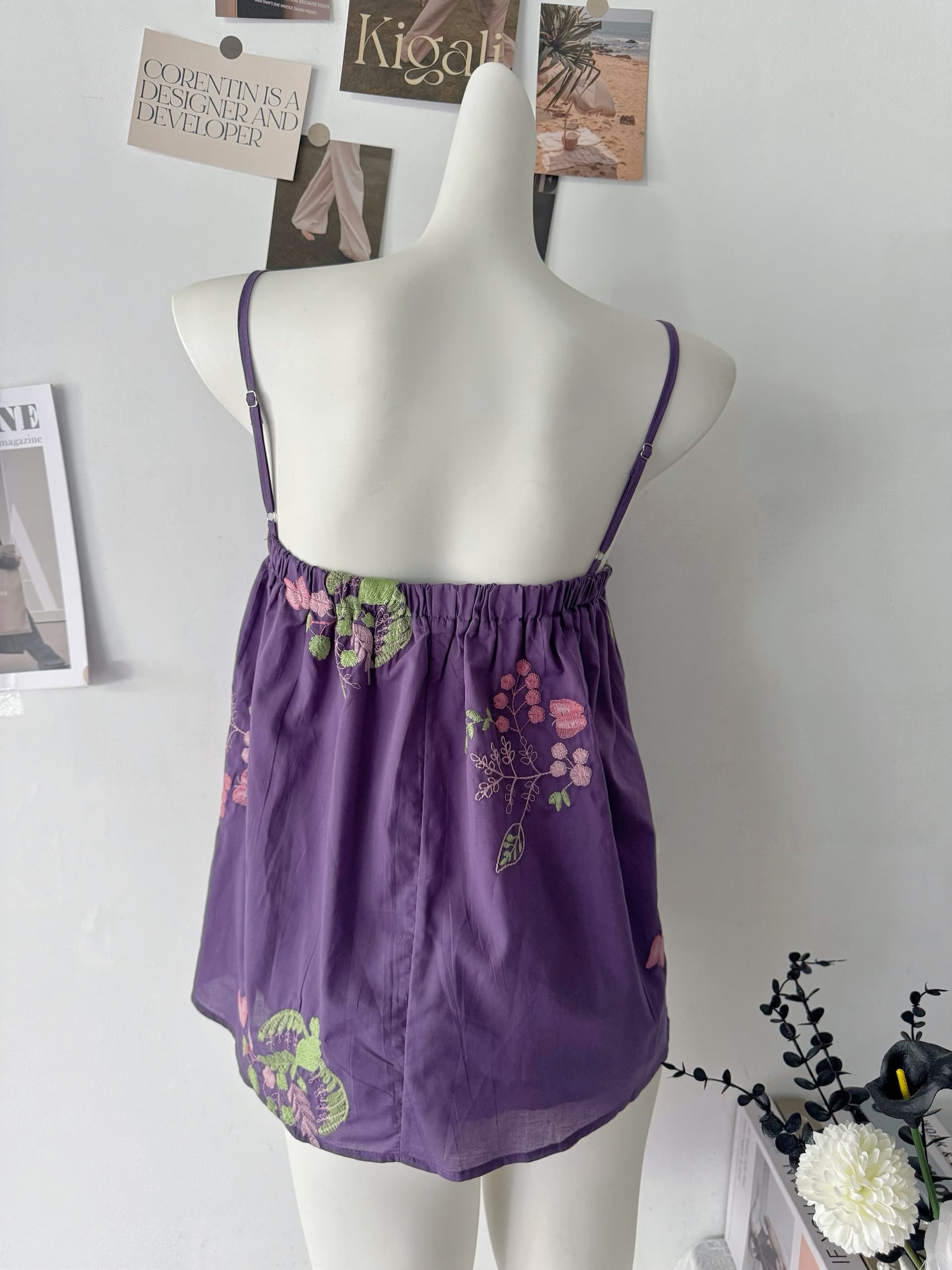 im ~까지 안개 염색 꽃 와일드 100 라미 자수 민소매 슬립 맨위 비즈 핀치 Pleat 한 마디 루즈핏 한 부서 작은 셔츠 상세 이미지 5