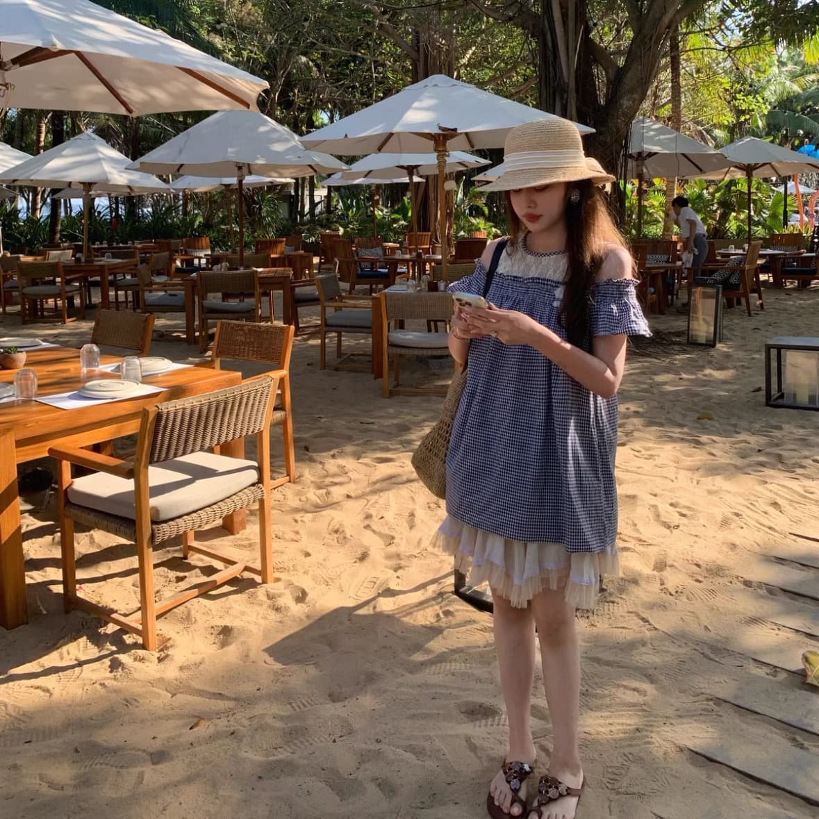 pinkmoon 여름 코코넛 코코넛 신선함 체크무늬 레이스 조각 맨위 작은 날다 소매 오프숄더 달콤함 레트로 소녀 상세 이미지 5