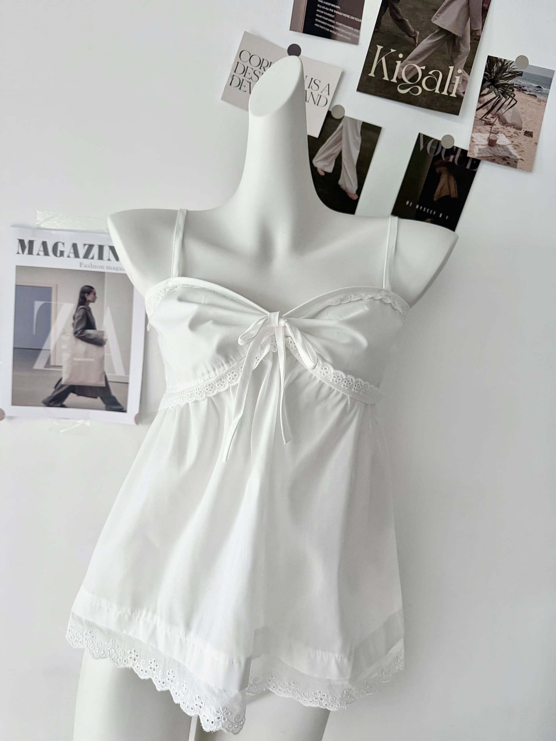 creamsu 시리아 화이트 화이트 레이스 캐미솔 여성 드레스 여름 디자인 센스 달콤함 품격 맨위 상세 이미지 8