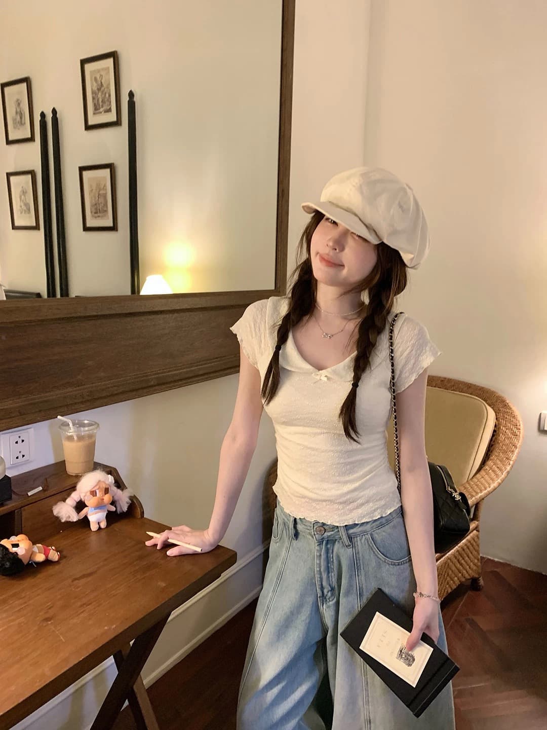 ptonumi 발레 연습 객실 베이비 칼라 허리 수축 주름 반팔 티셔츠 여성 Xiamu 귀 쇼트 스타일 맨위 상세 이미지 1