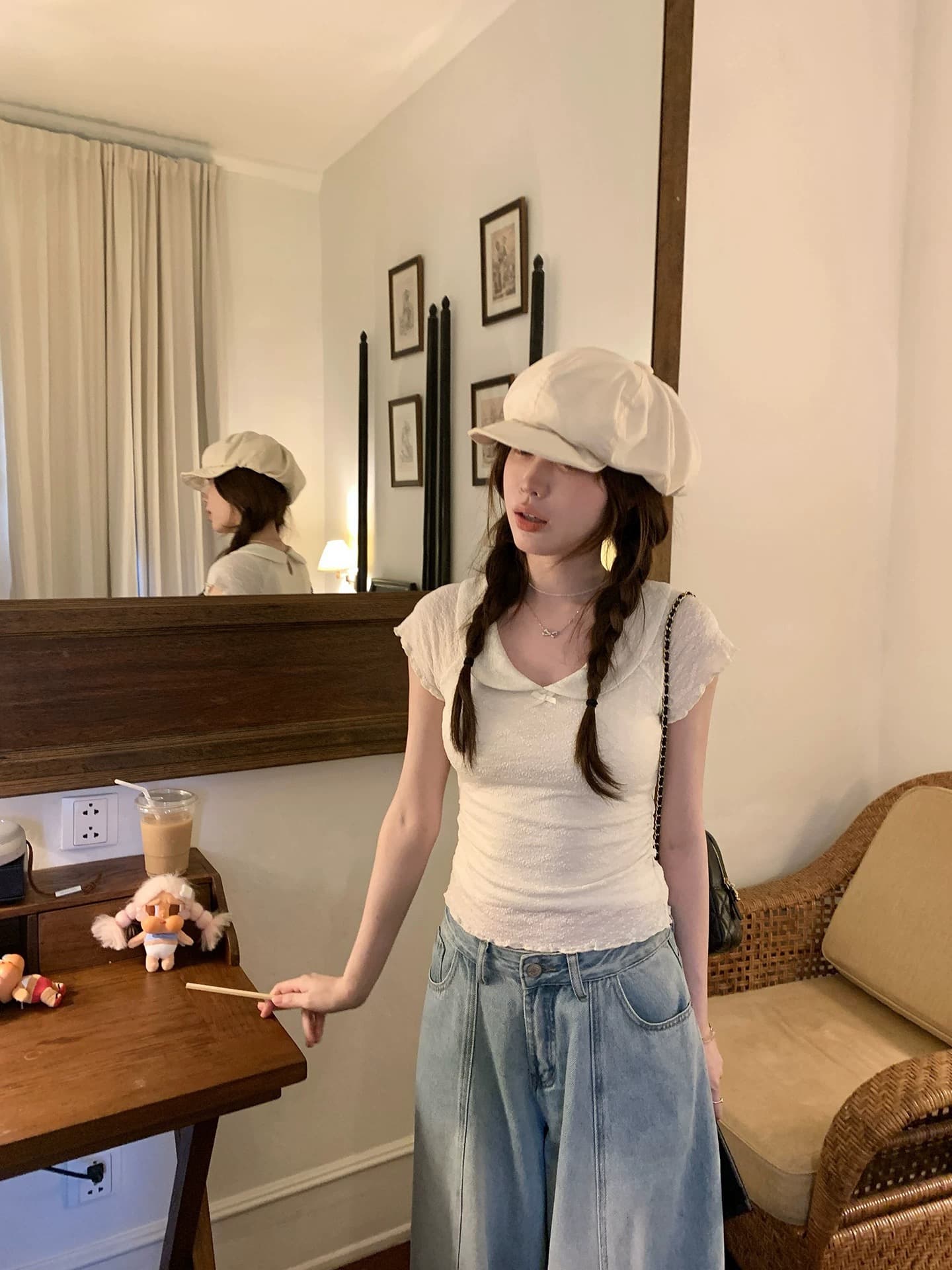 ptonumi 발레 연습 객실 베이비 칼라 허리 수축 주름 반팔 티셔츠 여성 Xiamu 귀 쇼트 스타일 맨위 상세 이미지 4