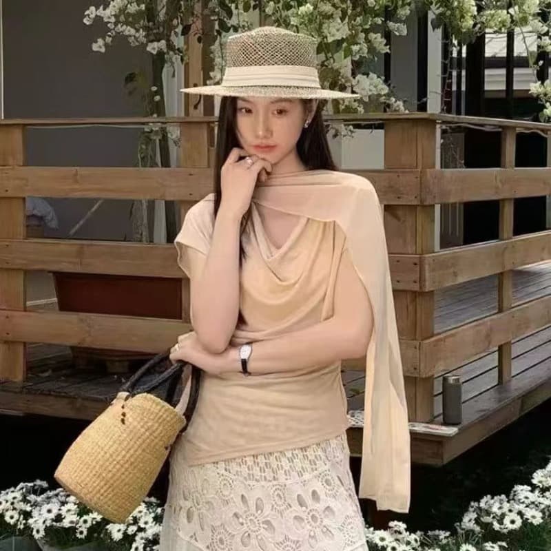 가을 새로운 분위기 센스 흔들다 칼라 작은 셔츠 패치워크 레이스 레이스 페이크 레이어드 스택 착용 맨위 여성 이미지 5