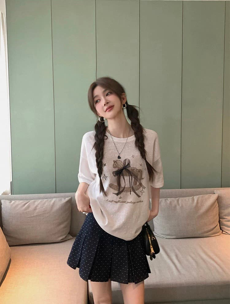 장 베이 베이 ibell 레이스 나비 매듭 리본 트로이 목마 프린트 t 얇은 스타일 슬림해 보이는 라운드 넥 가을 어깨 반팔 맨위 여성