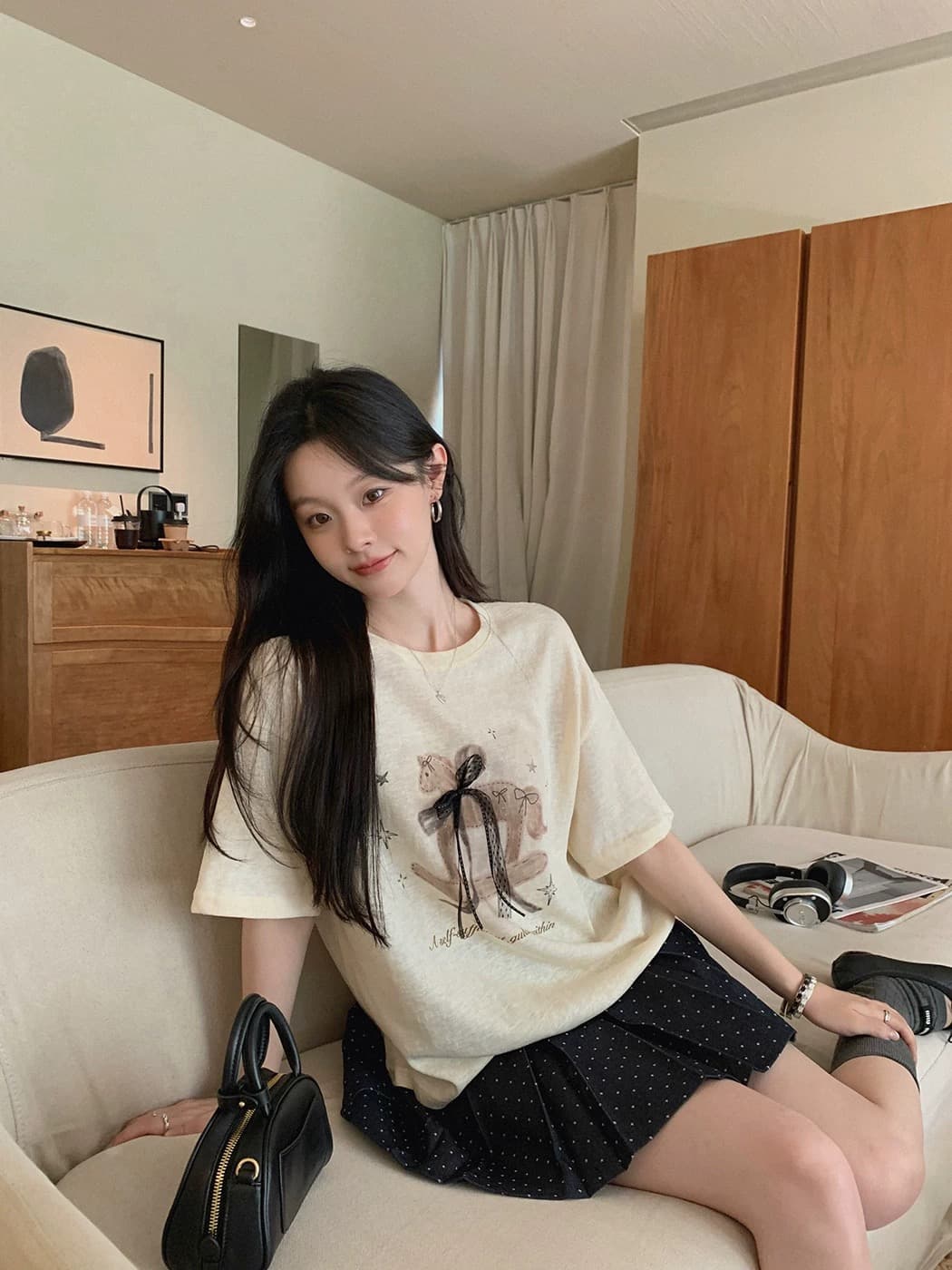 장 베이 베이 ibell 레이스 나비 매듭 리본 트로이 목마 프린트 t 얇은 스타일 슬림해 보이는 라운드 넥 가을 어깨 반팔 맨위 여성 상세 이미지 3