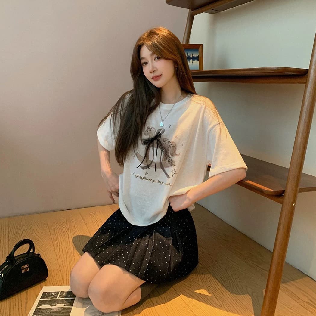 장 베이 베이 ibell 레이스 나비 매듭 리본 트로이 목마 프린트 t 얇은 스타일 슬림해 보이는 라운드 넥 가을 어깨 반팔 맨위 여성 상세 이미지 5