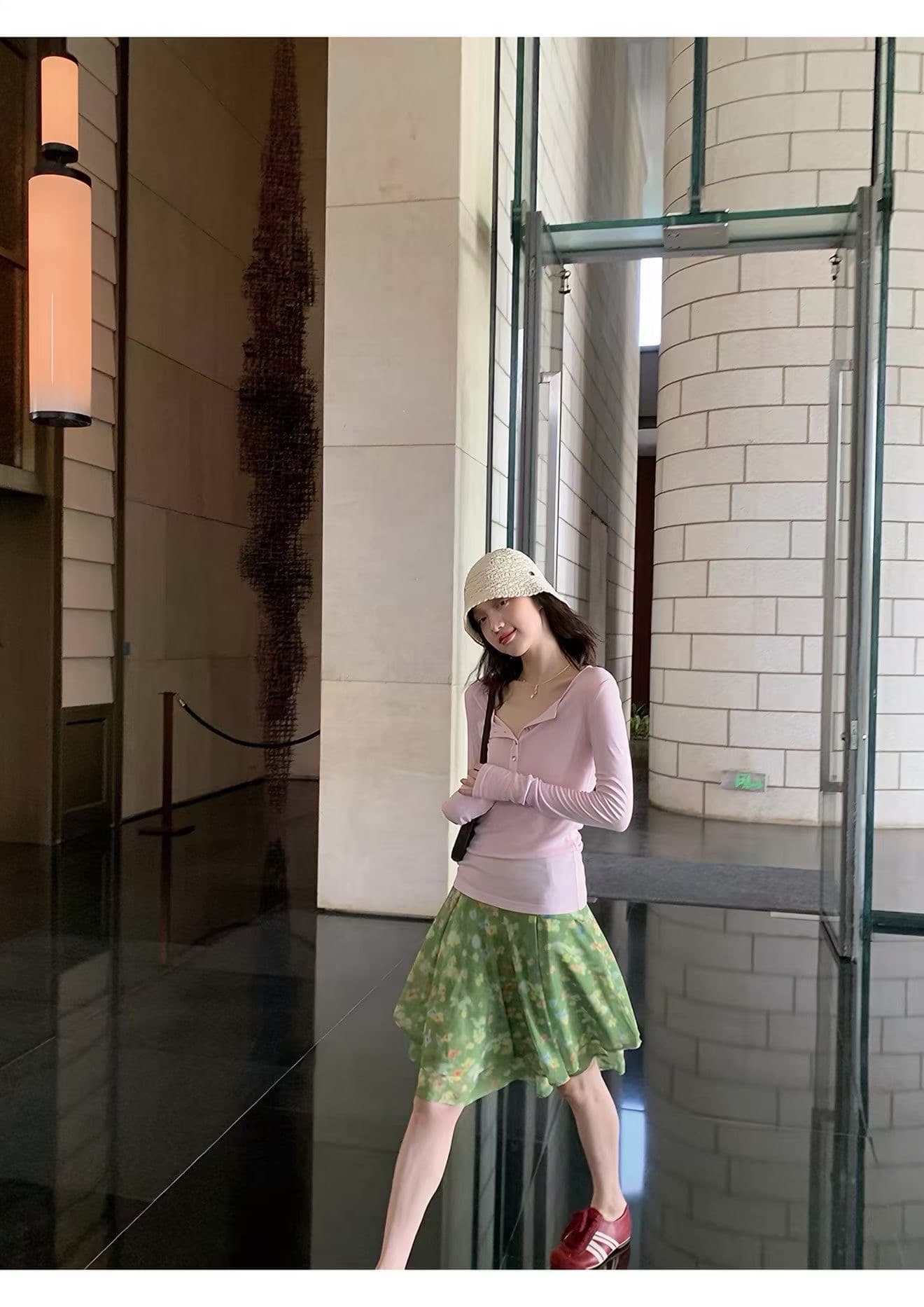 프랑스식 전원 바람 녹색 한 마디 꽃무늬 반신 스커트 여성 하이웨이스트 이중층 비스듬한 자르다 프릴 분위기 센스 허리 수축 치마 상세 이미지 2
