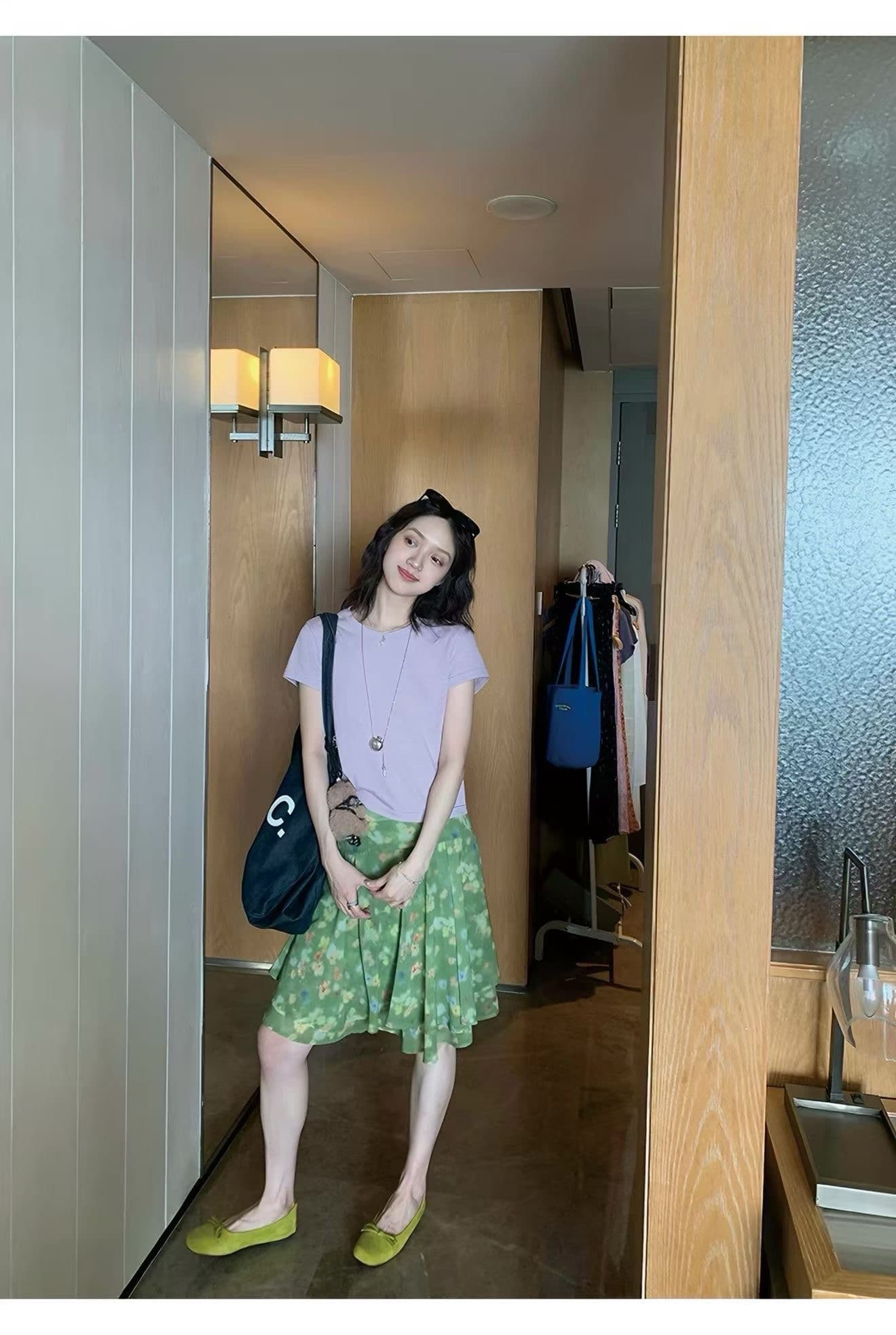 프랑스식 전원 바람 녹색 한 마디 꽃무늬 반신 스커트 여성 하이웨이스트 이중층 비스듬한 자르다 프릴 분위기 센스 허리 수축 치마 상세 이미지 3