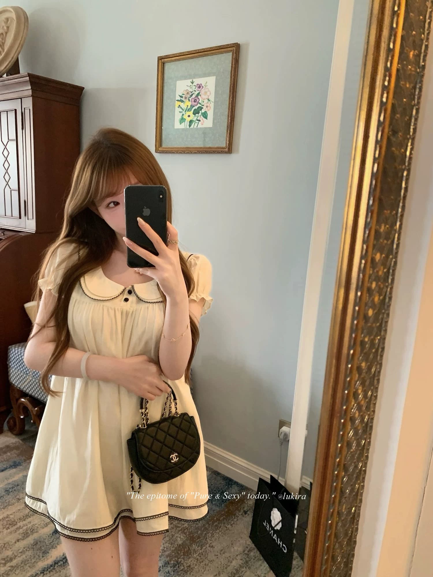 lukira 중년 사랑 언어 프랑스식 레트로 베이비 칼라 거품 소매 여성 드레스 여름 하이웨이스트 한 마디 미니 스커트 상세 이미지 2