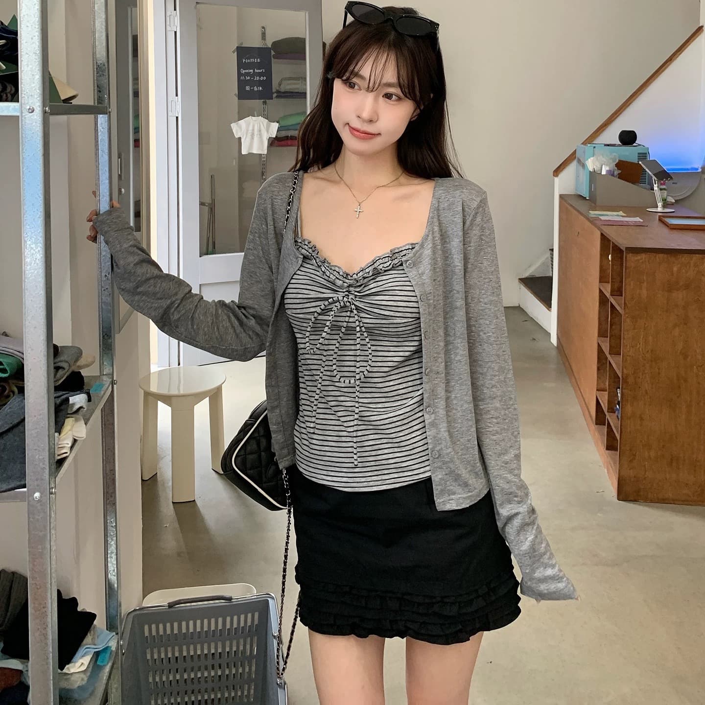 morning bloom 스트라이프 캐미솔 오픈 가디건 투피스 세트 한 부서 착용 가져 가라. 캐주얼 맨위 여성복 상세 이미지 5