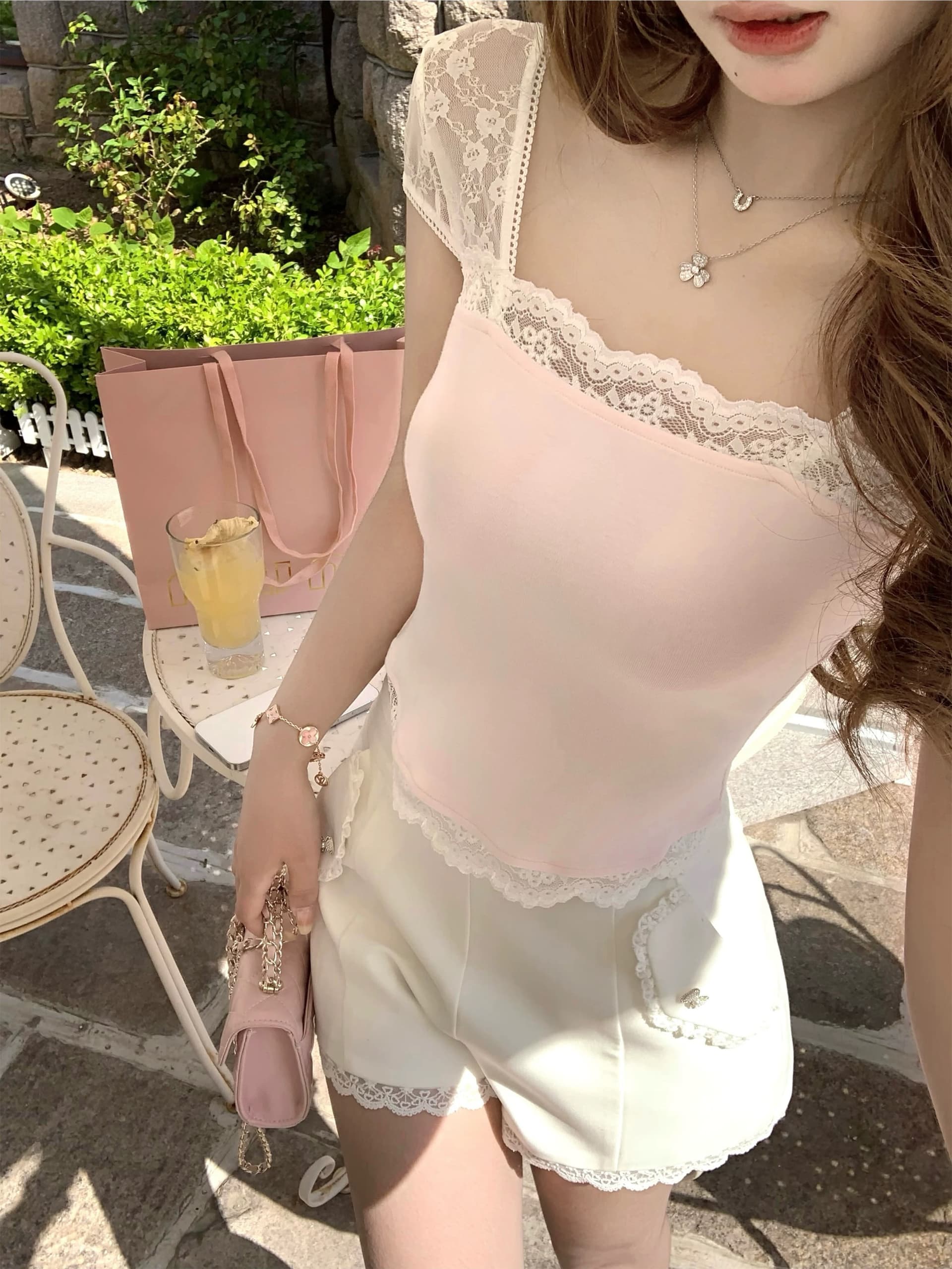 q 여자 집 신제품 95 접기 부드러운 마음 작은 t 삼색 레이스 레이스 주간 실크 모달 긍정적 인 어깨 티셔츠 맨위 상세 이미지 3