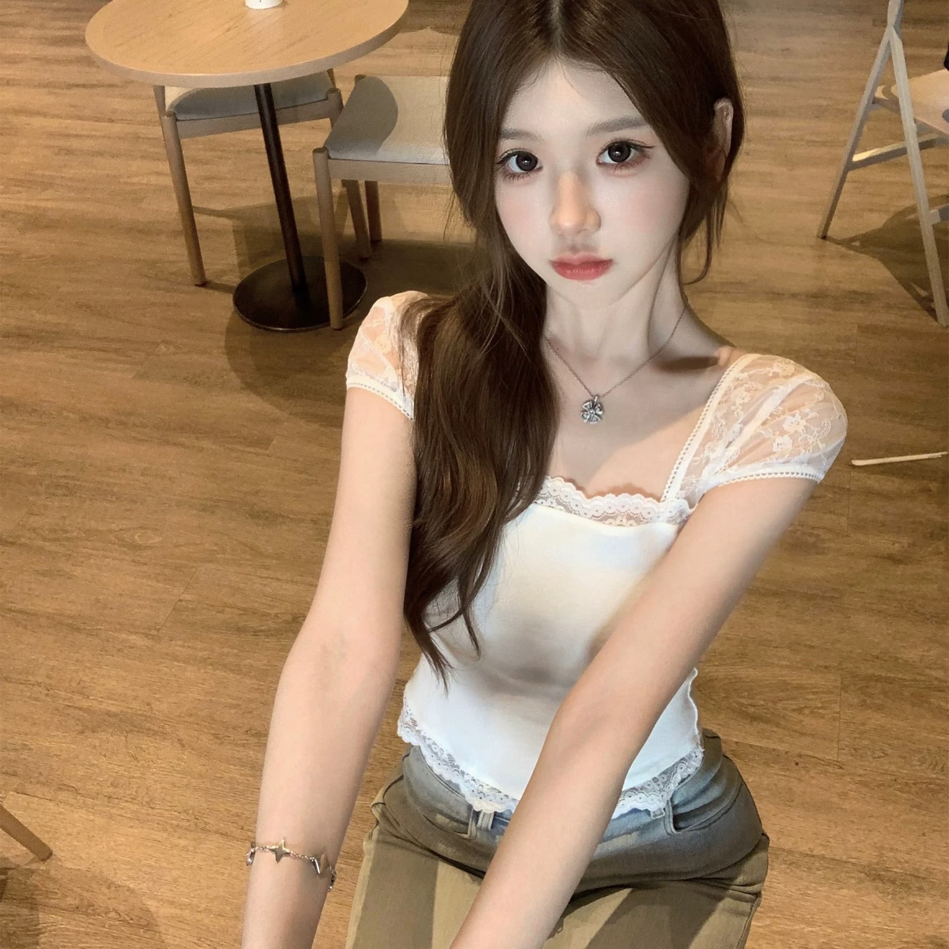 q 여자 집 신제품 95 접기 부드러운 마음 작은 t 삼색 레이스 레이스 주간 실크 모달 긍정적 인 어깨 티셔츠 맨위 상세 이미지 5
