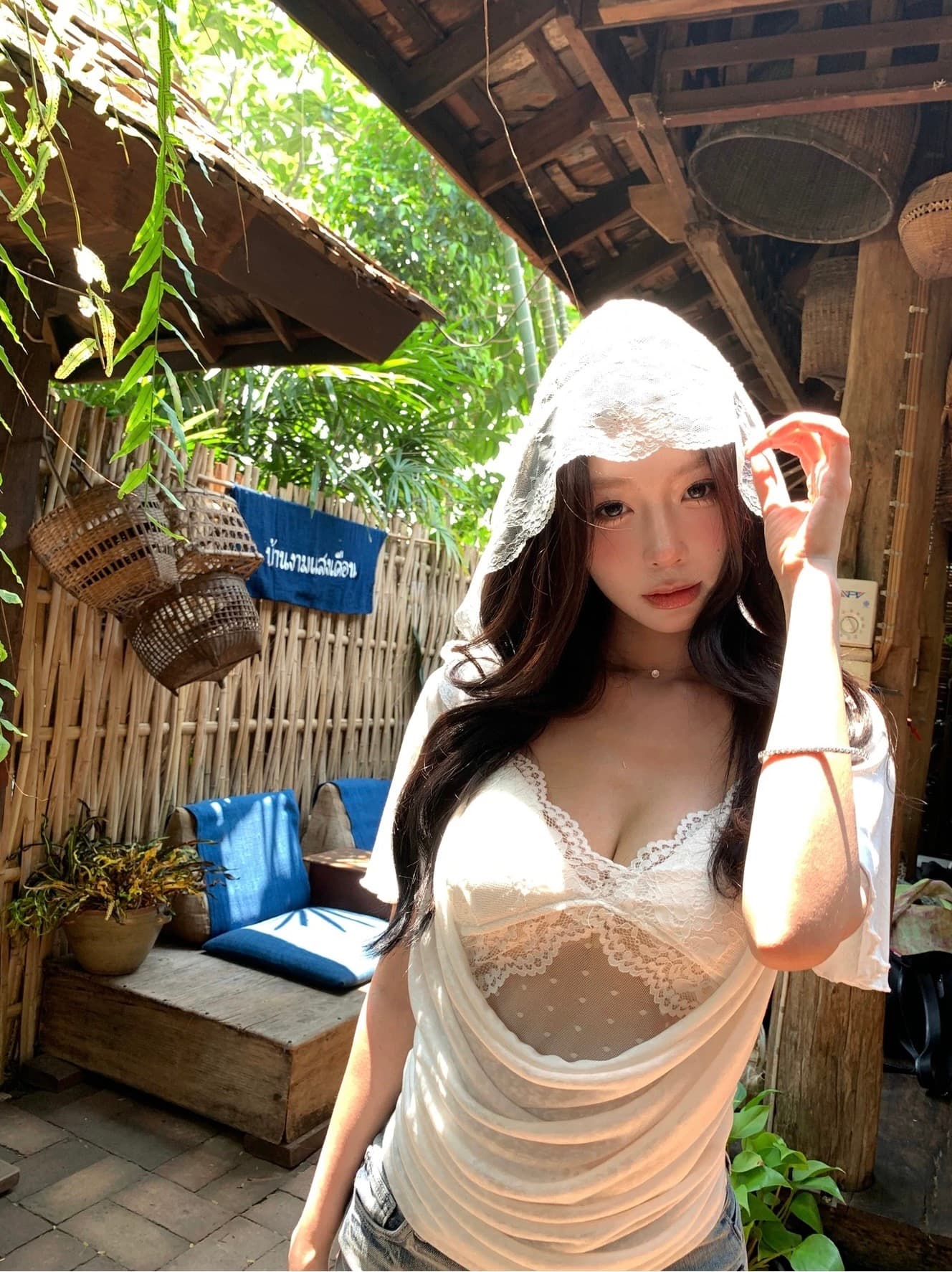 pinksoya 분말 콩 레이스 조각 슬립 흔들다 칼라 티셔츠 여성 작은 대중 아니요 명중 섹션 힙 Pleat 후드 맨위 상세 이미지 1