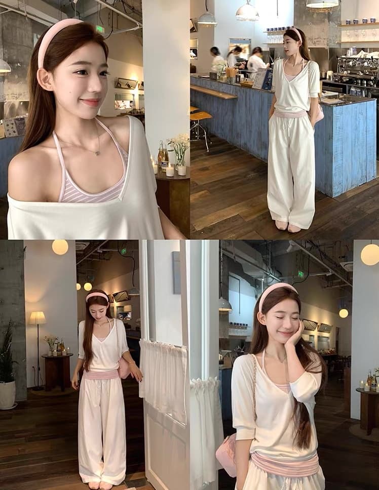송 긍정적 인 En 화이트 V넥 반팔 티셔츠 여성 여름 착용 가져 가라. 새로운 루즈핏 캐주얼 블라우스 중간 소매 아름다운 맨위 트렌디 상세 이미지 1