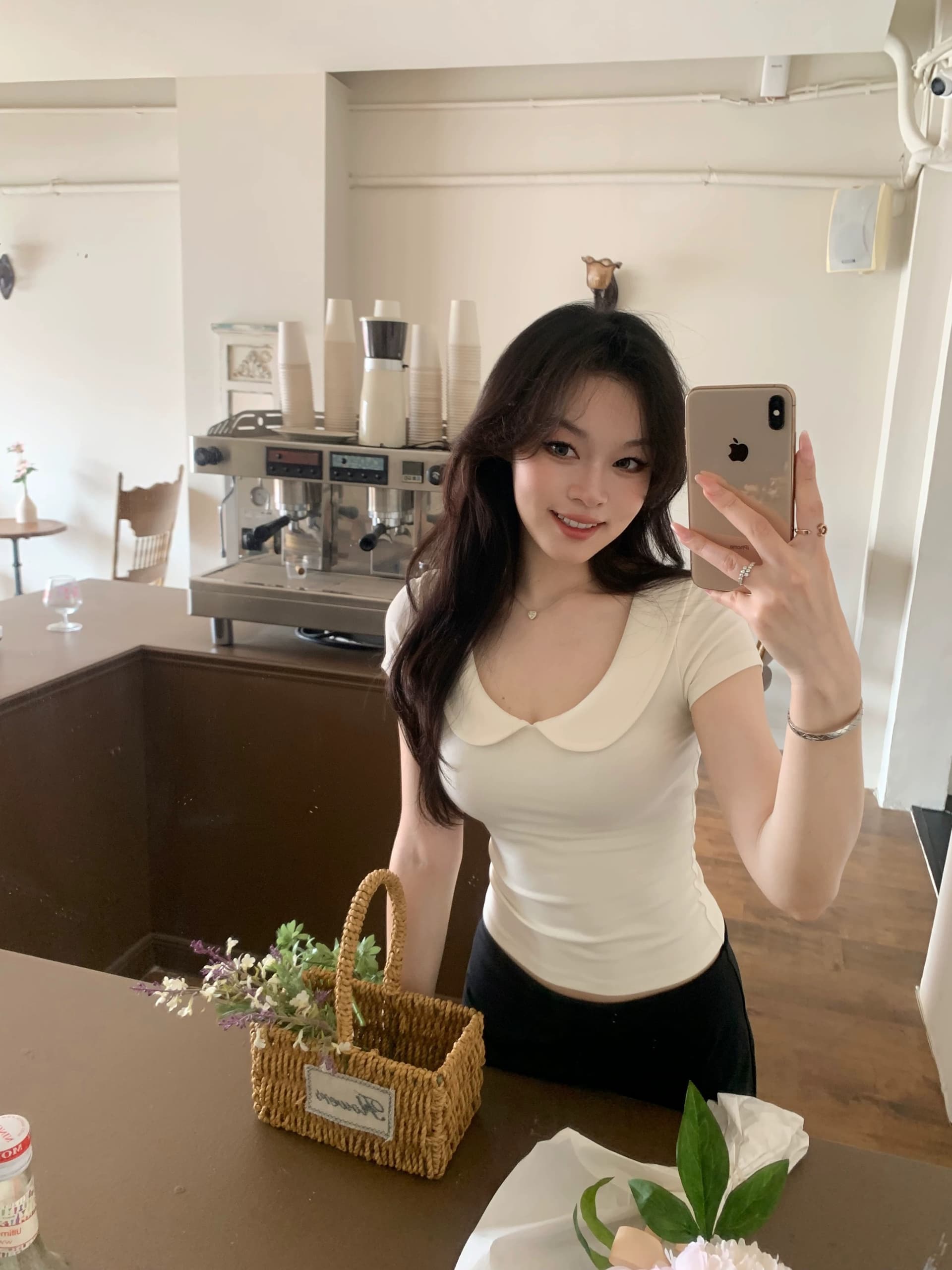 popchee 베이비 칼라 소녀 센스 u 칼라 반팔 기초 좋은 가져 가라. 조금만 있으면 작은 심장 기계 찹쌀 찹쌀 느낌 상세 이미지 1
