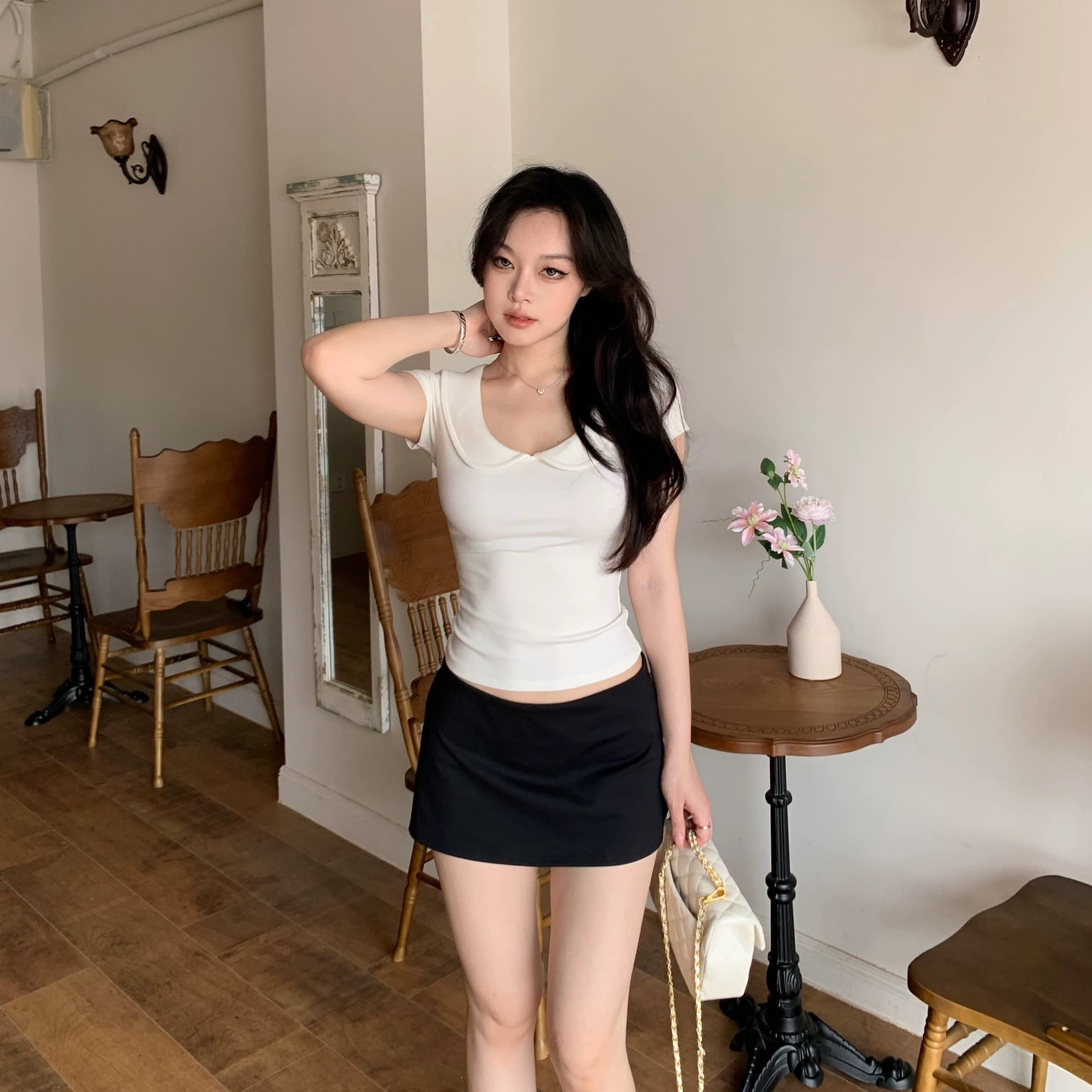 popchee 베이비 칼라 소녀 센스 u 칼라 반팔 기초 좋은 가져 가라. 조금만 있으면 작은 심장 기계 찹쌀 찹쌀 느낌 상세 이미지 5