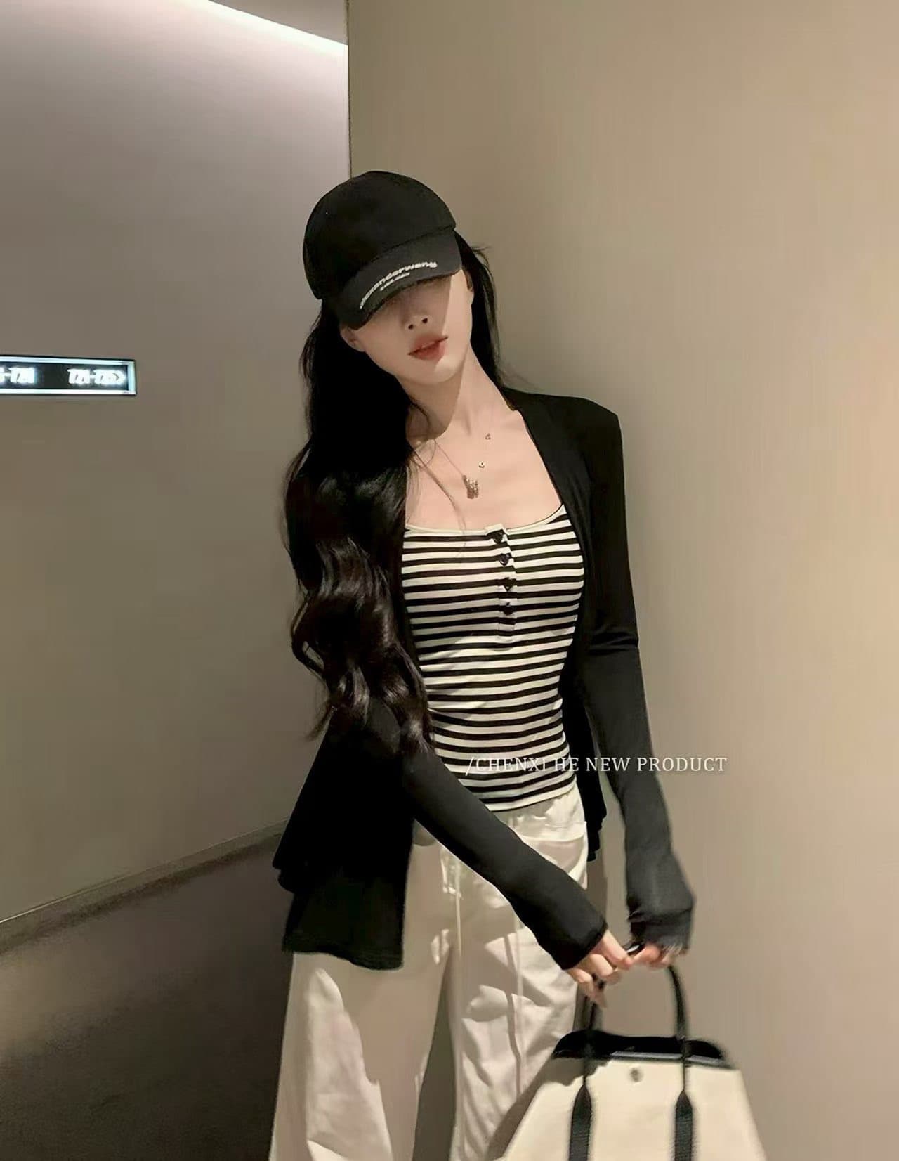그는 아침 왕 튀김 세트 허리 수축 스트라이프 조끼 슬립 검정색 슬림해 보이는 카디건 코트 상세 이미지 1