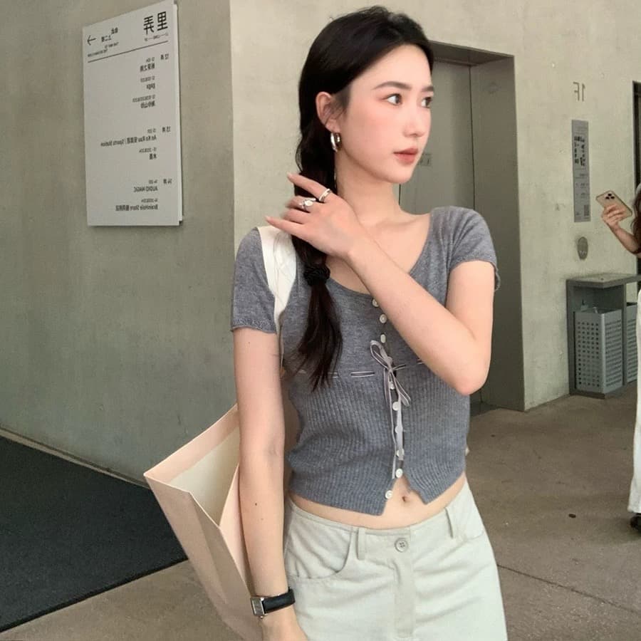 wgwe2026 봄 여름 발레 바람 라운드 넥 반팔 니트 스웨터 여성 레이스업 허리 수축 슬림해 보이는 몸매 가꾸기 다용도 맨위 트렌디 상세 이미지 5