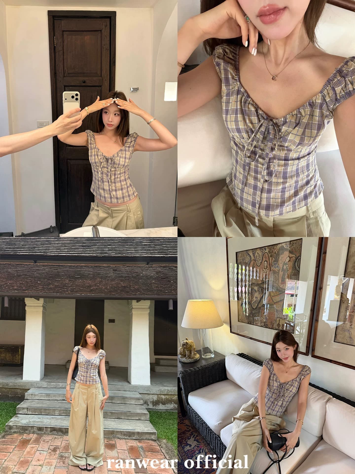 ranwear 주요 추진력 루프 사랑 레트로 절묘한 센스 면 100% 작은 대중 광장 칼라 레이스업 순수한 욕망 허리 수축 맨위 상세 이미지 4