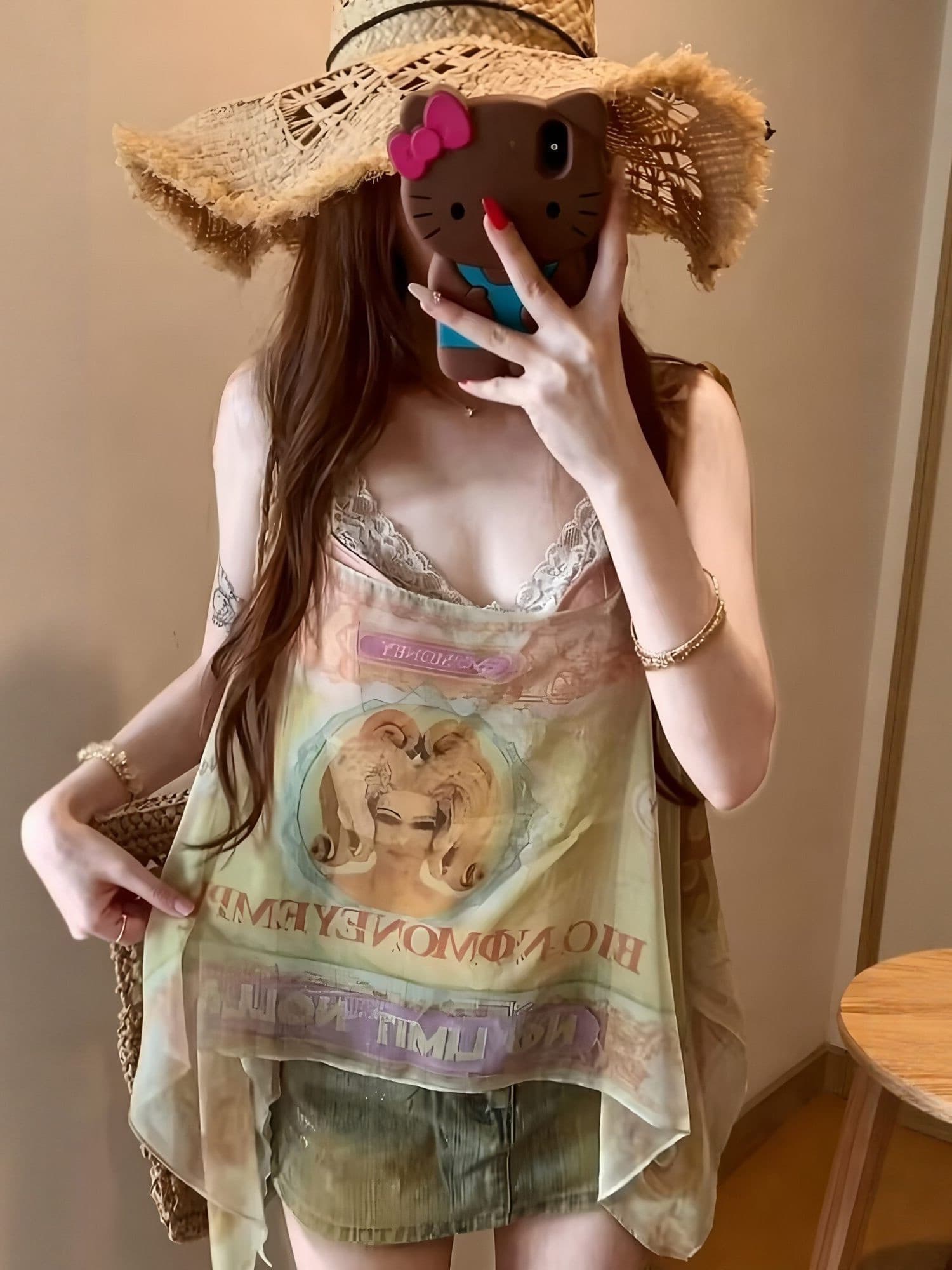 검정색 일기 vintage 먼로 레트로 일러스트레이션 마 오래된 밝은 황색 슬립 도트 무늬 미니 스커트 세트 상세 이미지 1