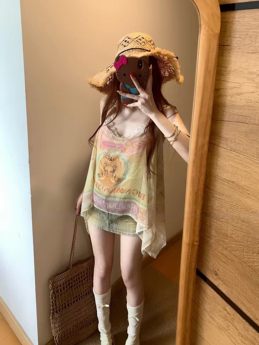 검정색 일기 vintage 먼로 레트로 일러스트레이션 마 오래된 밝은 황색 슬립 도트 무늬 미니 스커트 세트 상세 이미지 2