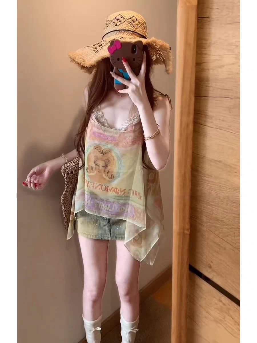 검정색 일기 vintage 먼로 레트로 일러스트레이션 마 오래된 밝은 황색 슬립 도트 무늬 미니 스커트 세트 상세 이미지 3