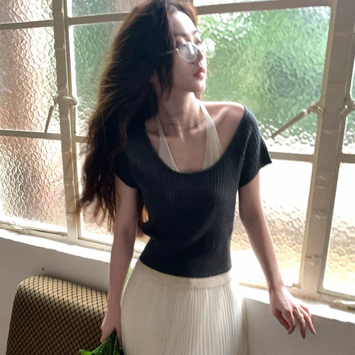 보다 큼 시 재미있는 색상 페이크 레이어드 배색 행침 목 니트 반팔 티셔츠 여성 라이 경기 서울 쇼트 스타일 맨위 이미지 5